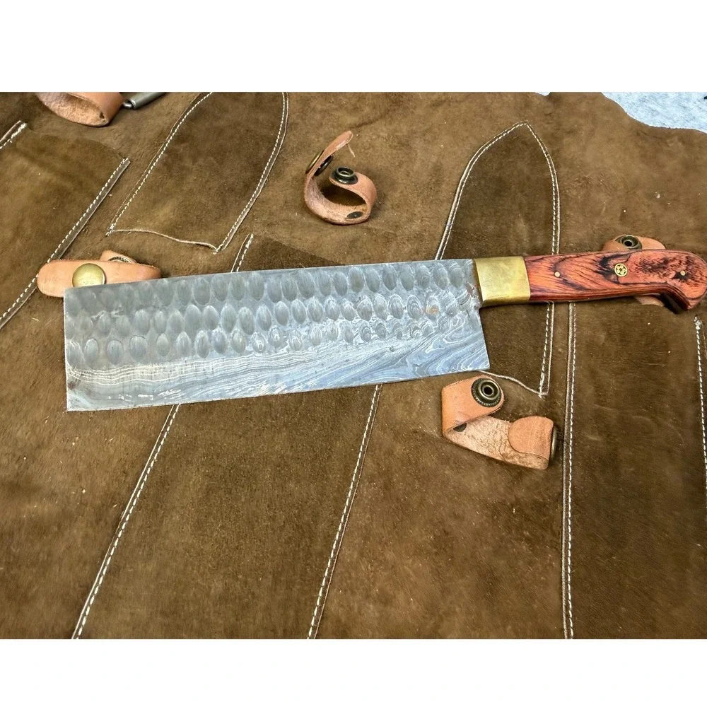 Damascus Steel Cleaver Knife with Brown Suede Leather Roll Up Storage Bag Set